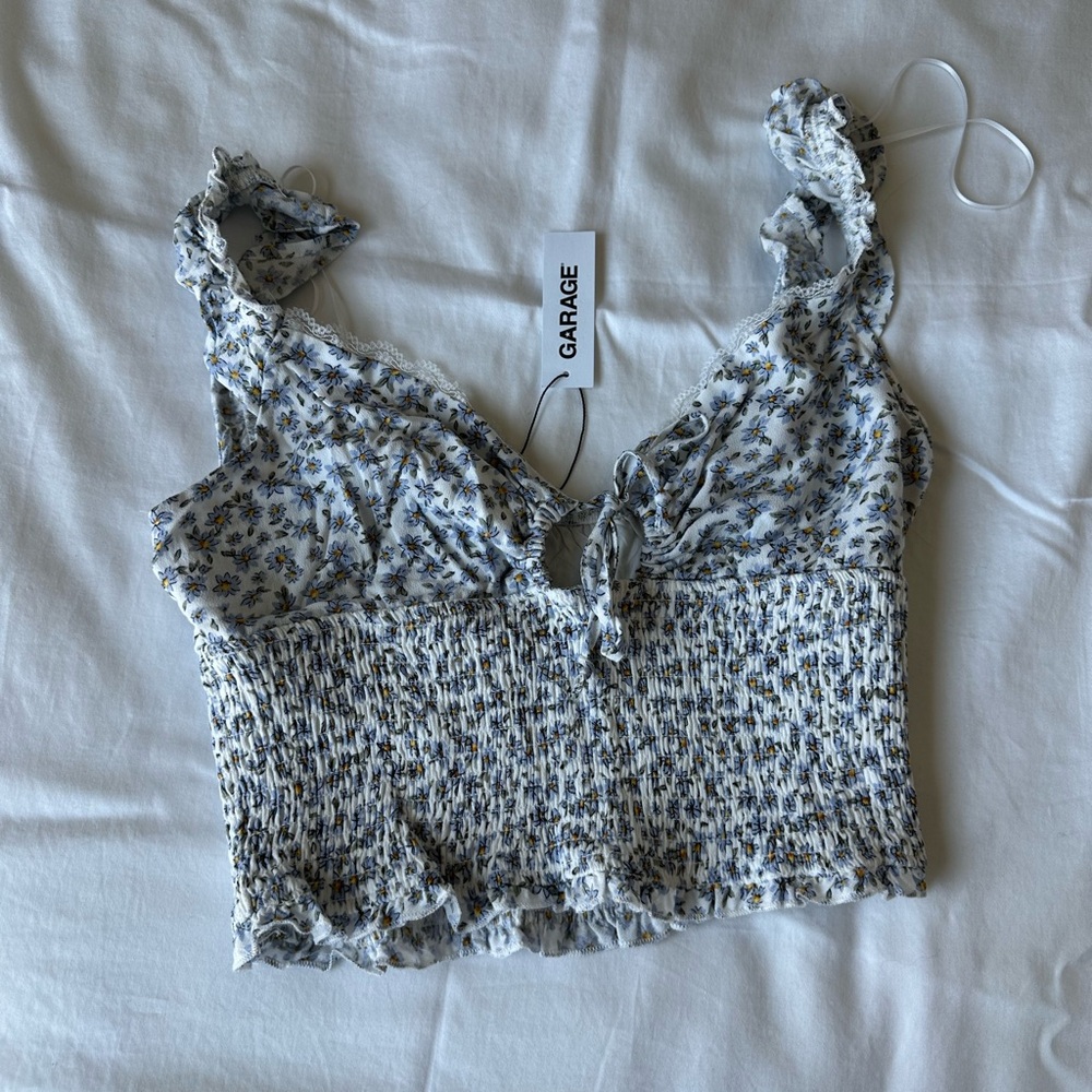 Garage Gray and White Ruffled Bustier Tank Top